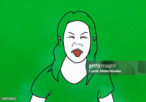 illustration of woman sticking out tongue against green background - eyes closed点のイラスト素材／クリップアート素材／マンガ素材／アイコン素材