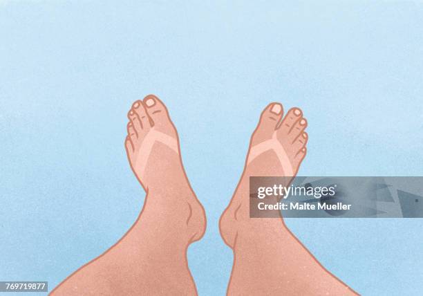 ilustraciones, imágenes clip art, dibujos animados e iconos de stock de illustration of legs with tan line against blue background - pie humano