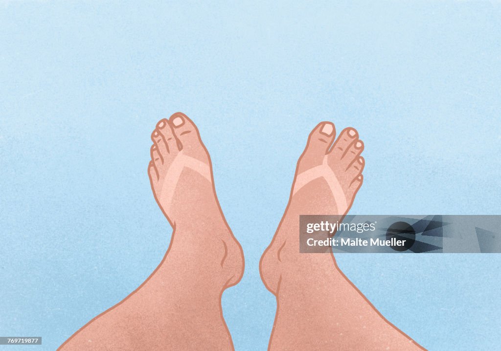 Illustration of legs with tan line against blue background
