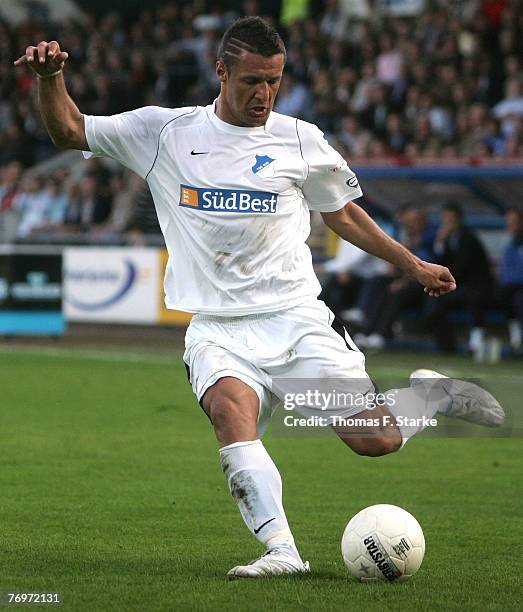 Sejad Salihovic of Hoffenheim crosses the ball during the 2nd Bundesliga match between SC Paderborn and TSG Hoffenheim at the Hermann-Loens stadium...