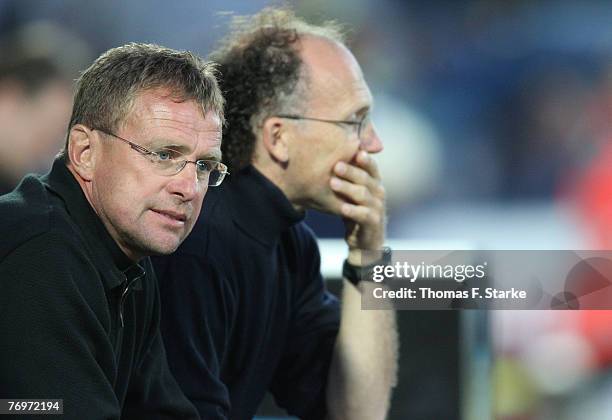 Head coach Ralf Rangnick and assistant coach Achim Sarstedt of Hoffeheim look on during the 2nd Bundesliga match between SC Paderborn and TSG...