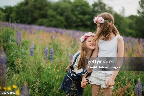 sisters hugging - midsommar fotografías e imágenes de stock