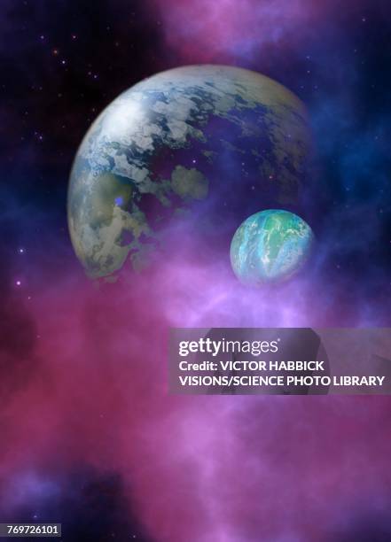 two planets in purple clouds - astrology stock illustrations