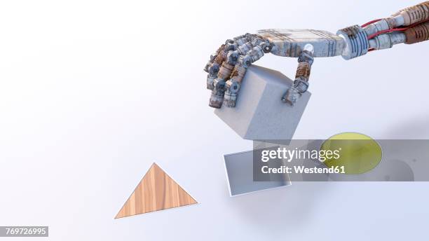 robot hand putting a cube into matching hole - machine learning stock illustrations