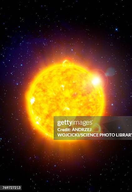 ilustraciones, imágenes clip art, dibujos animados e iconos de stock de sun with solar flares, illustration - erupción solar