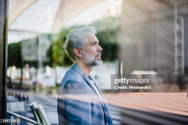 portrait of grey-haired businessman outdoors - bovenlichaam stockfoto's en -beelden