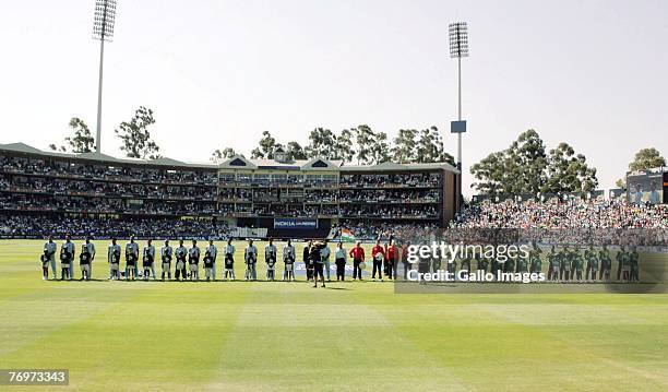 Team of India line up next to Team of Pakistan prior to the final match of the ICC Twenty20 World Cup between Pakistan and India held at the...