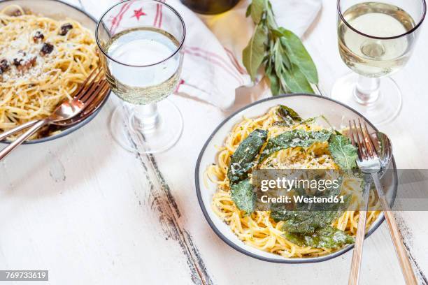 sage pasta with parmesan, spaghetti carbonara and white wine - sage stock pictures, royalty-free photos & images