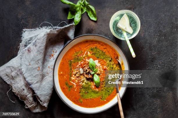 soupe made of roasted bell pepper with walnuts and pesto - roasted pepper stock pictures, royalty-free photos & images