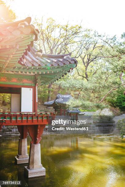 south korea, seoul, changdeokgung palace, buyongjeong pavilion with a pond at afternoon in secret garden - changdeokgung palace stock pictures, royalty-free photos & images