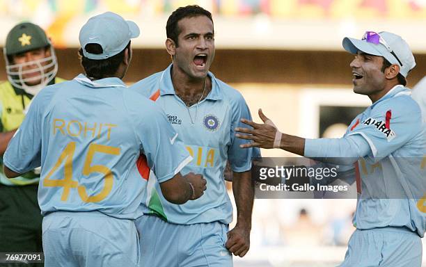 September 24: Irfan Pathan of India celebrates the wicket of Yasir Arafat of Pakistan for 15 runs during the Twenty20 Championship Final match...
