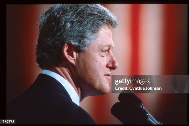 Democratic presidential nominee Bill Clinton speaks at a Veteran's Day gathering January 11, 1992 in Little Rock, AR. Clinton, who defeated incumbent...