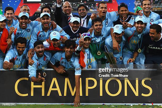 The Indian team celebrate with the trophy during the Twenty20 Championship Final match between Pakistan and India at The Wanderers Stadium on...