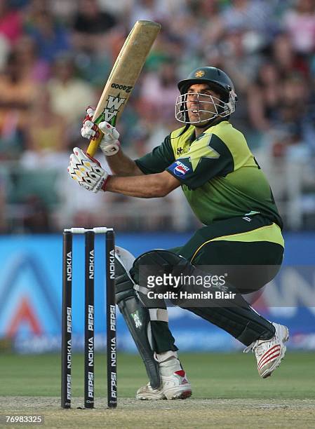 Misbah-ul-Haq of Pakistan plays a shot to be caught to give victory to India during the Twenty20 Championship Final match between Pakistan and India...