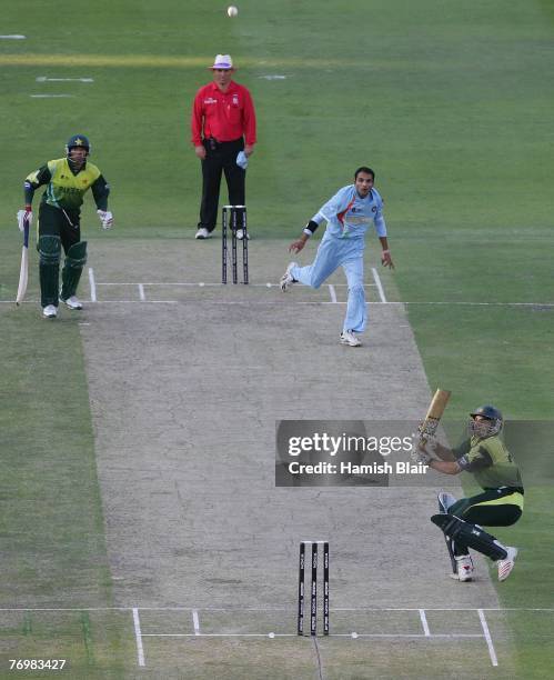 Misbah-ul-Haq of Pakistan plays a shot to be caught to give victory to India during the Twenty20 Championship Final match between Pakistan and India...