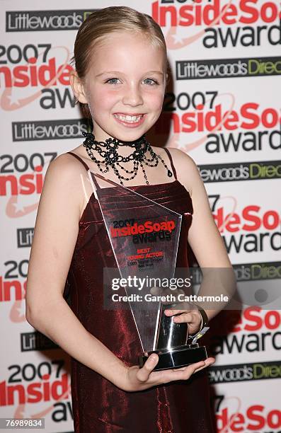 Eden Taylor-Draper from Emmerdale poses with the Best Young Actor Award at the Inside Soap Awards 2007 held at Gilgamesh on September 24, 2007 in...