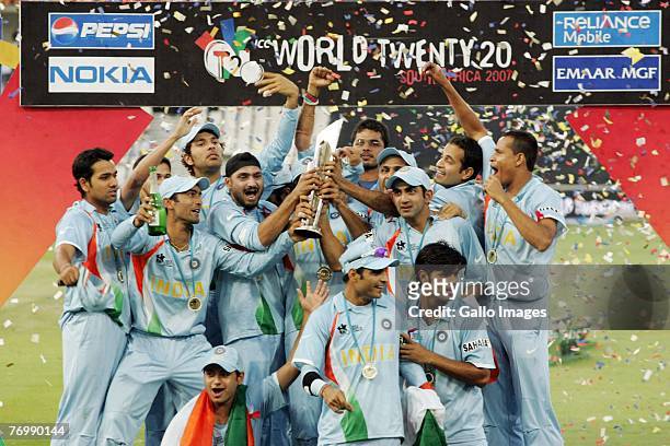 The India team celebrate their victory as the ICC Twenty20 World Champions during the final match of the ICC Twenty20 World Cup between Pakistan and...