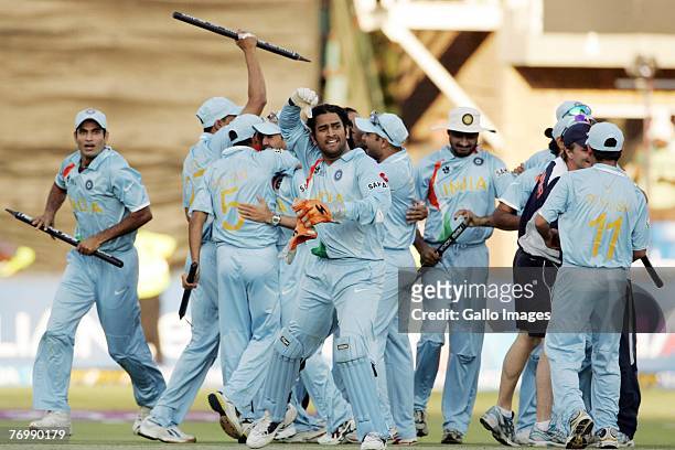 Dhoni of India and his team mates celebrates their victory during the final match of the ICC Twenty20 World Cup between Pakistan and India held at...