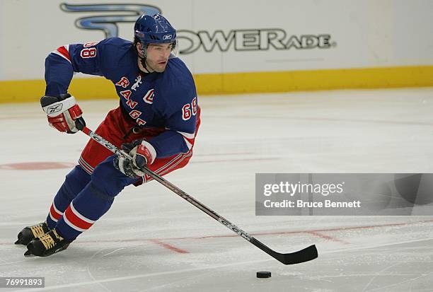 Jaromir Jagr of the New York Rangers skates against the Philadelphia Flyers during preseason action on September 22, 2007 at Madison Square Garden in...