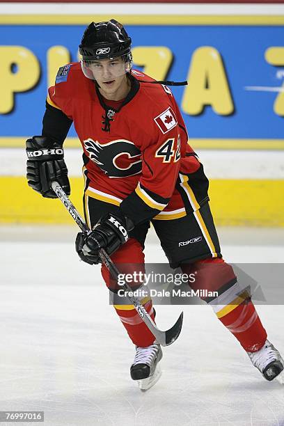 Brett Sutter of the Calgary Flames skates against the Florida Panthers at the Pengrowth Saddledome on September 16, 2007 in Calgary, Alberta, Canada.