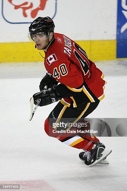 Alex Tanguay of the Calgary Flames skates against the Florida Panthers at the Pengrowth Saddledome on September 16, 2007 in Calgary, Alberta, Canada.