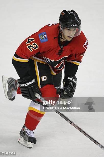 Brett Sutter of the Calgary Flames skates against the Florida Panthers at the Pengrowth Saddledome on September 16, 2007 in Calgary, Alberta, Canada.