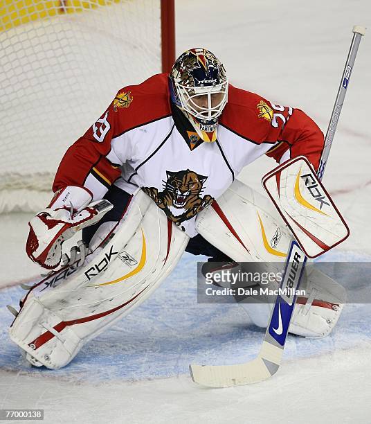 Tomas Vokoun of the Florida Panthers tends goal against the Calgary Flames at the Pengrowth Saddledome on September 16, 2007 in Calgary, Alberta,...