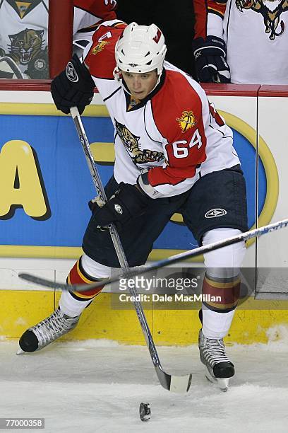 Stefan Meyer of the Florida Panthers handles the puck against the Calgary Flames at the Pengrowth Saddledome on September 16, 2007 in Calgary,...
