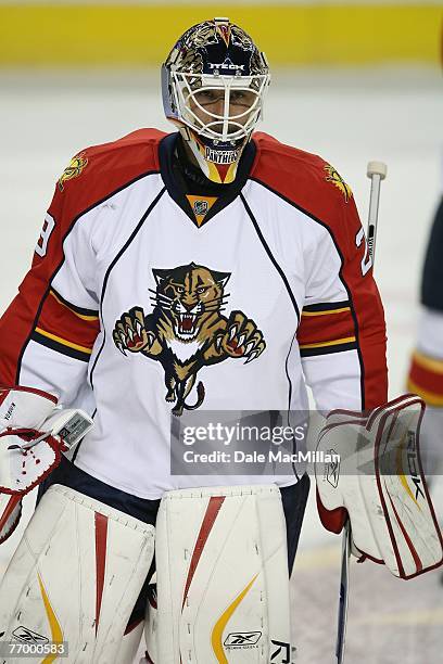 Tomas Vokoun of the Florida Panthers looks on against the Calgary Flames at the Pengrowth Saddledome on September 16, 2007 in Calgary, Alberta,...