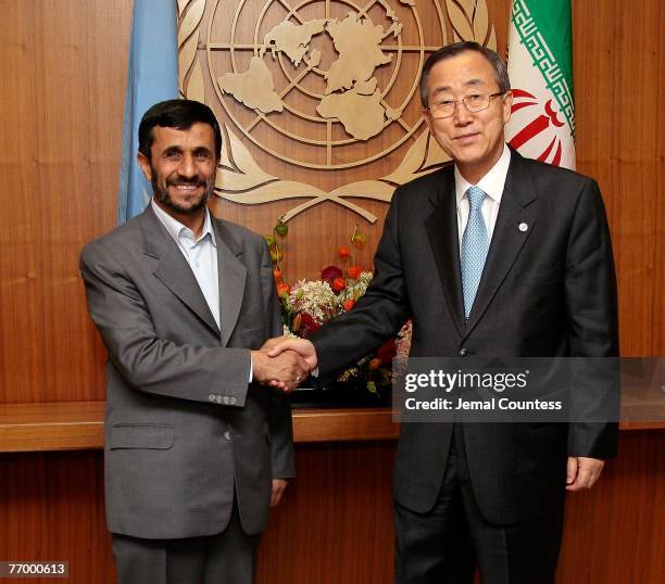 Iranian President Mahmoud Ahmadinejad shakes hands with with United Nations Secretary-General Ban Ki-Moon during the General Assembly 2007 at the...