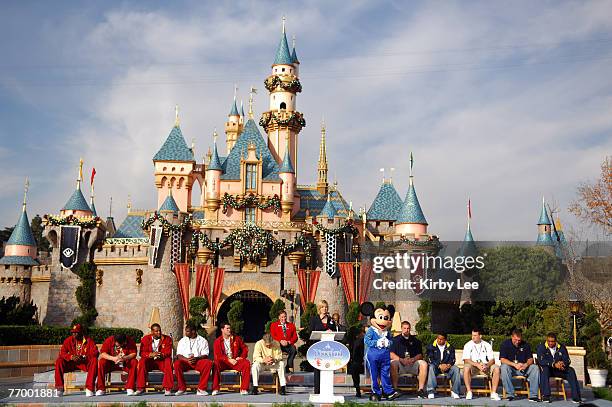 Disneyland Ambassador Becky Phelps and Mickey Mouse welcome 2007 Rose Bowl participants Michigan and USC to Disneyland in front of Sleeping Beauty...