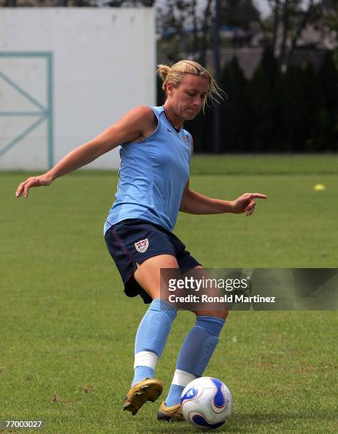 Forward Abby Wambach of USA controls the ball during a United States of America training session for the FIFA Women's World Cup at Shanghai Senshua...