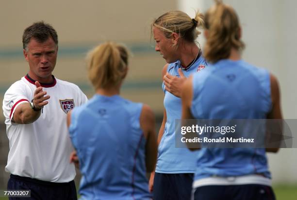 Head coach Greg Ryan of USA instructs his team during a United States of America training session for the FIFA Women's World Cup at Shanghai Senshua...