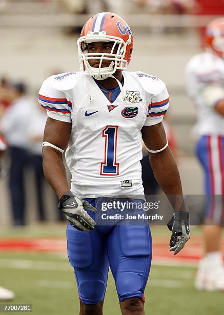 Percy Harvin of the Florida Gators looks on during warmups before a game against the Mississippi Rebels on September 22, 2007 at Vaught-Hemingway...