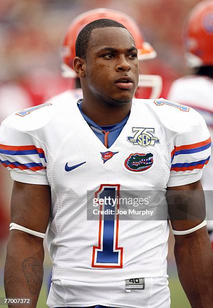 Percy Harvin of the Florida Gators looks on in a game against the Mississippi Rebels on September 22, 2007 at Vaught-Hemingway Stadium/Hollingsworth...