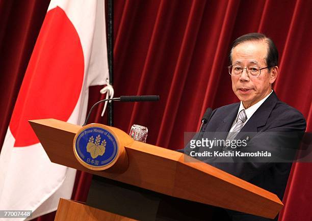 The new Japanese Prime Minister Yasuo Fukuda speaks during a press conference at the Prime Minister's official residence September 25, 2007 in Tokyo,...