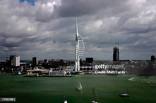 Boat sales past the Spinnaker Tower in Portsmouth Harbour on September 25, 2007 in Portsmouth, England. Originally scheduled for completion in time...
