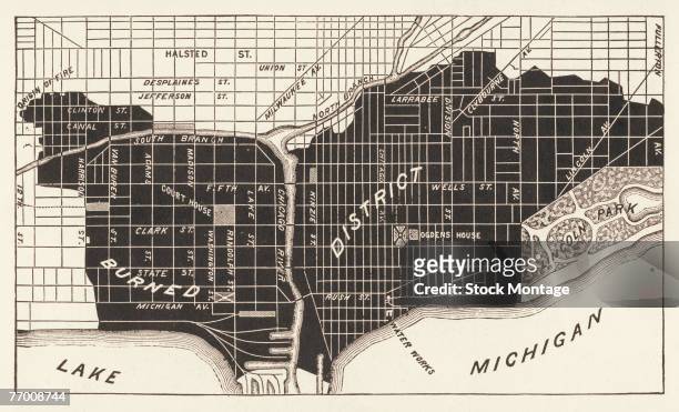 Map shows a portion of the city of Chicago, with the shaded area marking the more than 2000 acres of land and real estate destroyed in the Great...