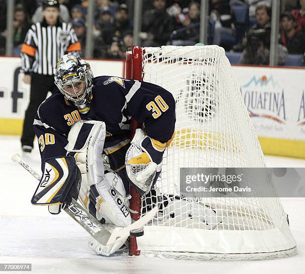 Buffalo Sabres' goalie Ryan Miller in action making a stick save during a game versus the Carolina Hurricanes at the HSBC Arena in Buffalo, NY,...