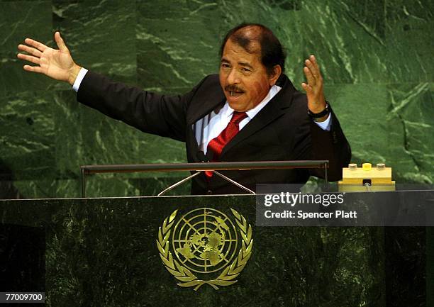 Nicaraguan president Daniel Ortega addresses the 62nd United Nations General Assembly at the United Nations headquarters September 25, 2007 in New...