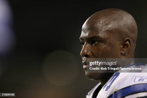 DeMarcus Ware of the Dallas Cowboys looks on against the Chicago Bears at Soldier Field on September 23, 2007 in Chicago, Illinois. Cowboys won 34-10.