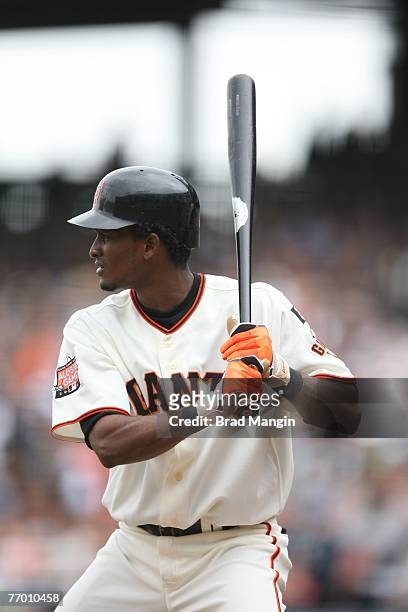 Eugenio Velez of the San Francisco Giants bats during the game against the Cincinnati Reds at AT&T Park in San Francisco, California on September 23,...