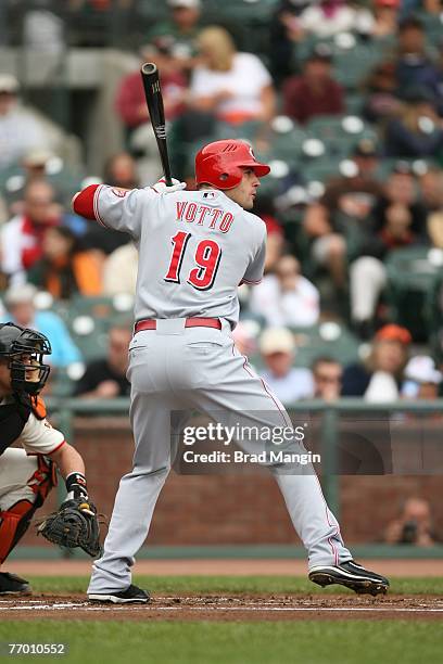 Joey Votto of the Cincinnati Reds bats during the game against the San Francisco Giants at AT&T Park in San Francisco, California on September 23,...