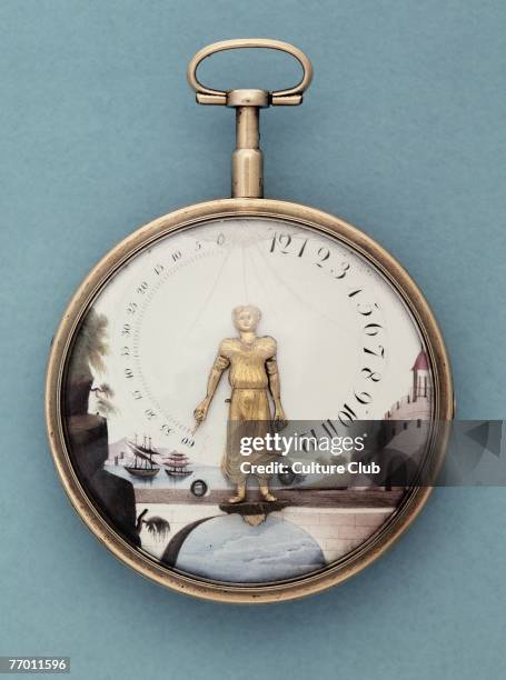 Gold cased bras-en-l'air pocket watch with verge escapement, time indicated by raised arms of gilt figure, c.1810