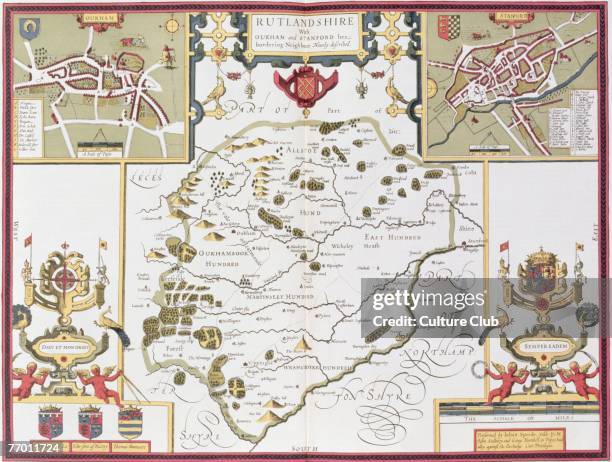 Rutlandshire with Oukham and Stanford, engraved by Jodocus Hondius from John Speed's 'Theatre of the Empire of Great Britain', pub. By John Sudbury...