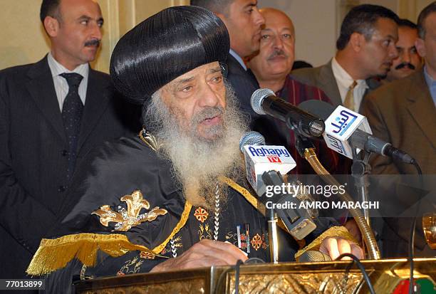 Pope Shenuda III, the patriarch of Egypt's Coptic Christians, speaks whilst attending a Ramadan Iftar dinner in Cairo, 25 September 2007.