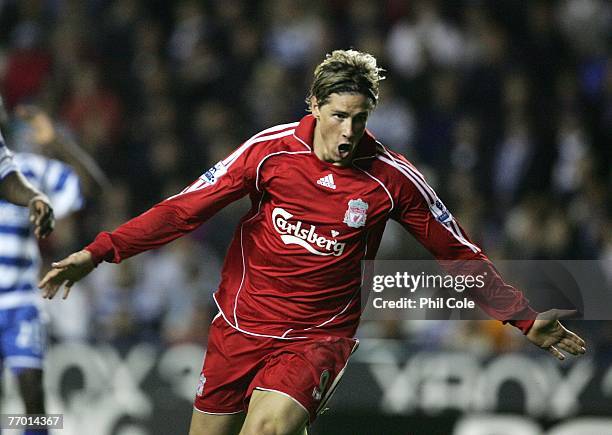 Fernando Torres of Liverpool celebrates his first and Liverpool's second goal during the Carling Cup third round match between Reading and Liverpool...
