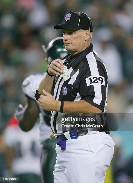 Umpire Bill Schuster on the field during the game between the Philadelphia Eagles and the Washington Redskins at Lincoln Financial Field on September...