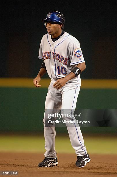 Endy Chavez of the New York Mets leads off first base during a baseball game against the Washington Nationals on September 19, 2007 at RFK Stadium in...