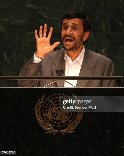 Mahmoud Ahmadinejad, the president of Iran, addresses the 62nd United Nations General Assembly September 25, 2007 at the United Nations headquarters...